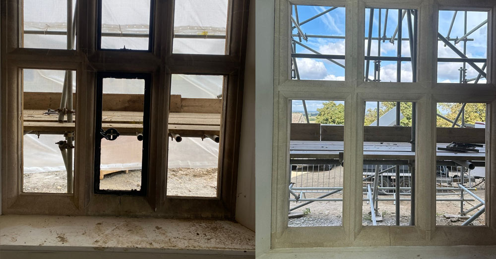 Bath stone window casements cleaned at country house near Swindon, Wiltshire